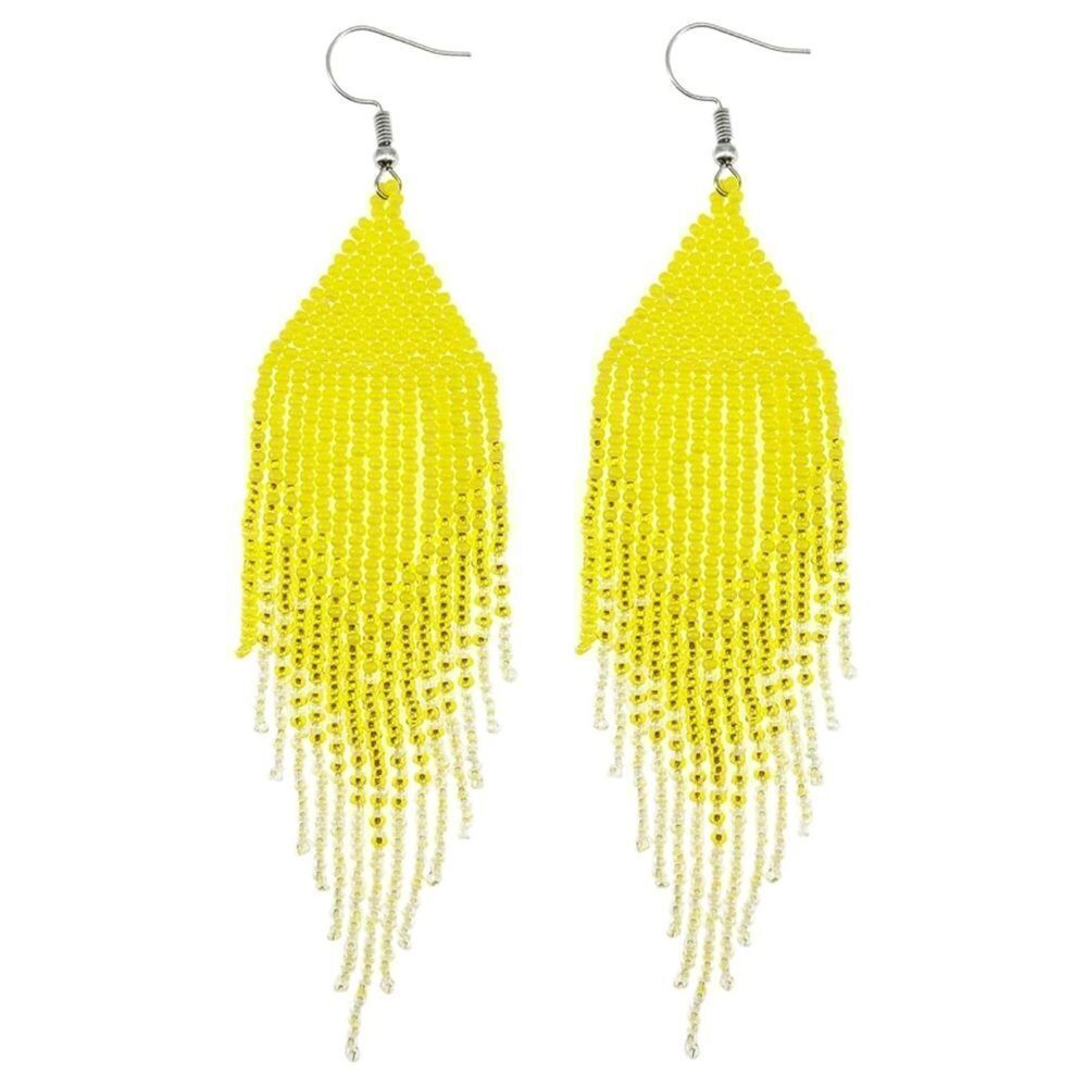 Yellow Bohemian Seed Bead Tassel Dangling Statement French Wire Hook Earrings